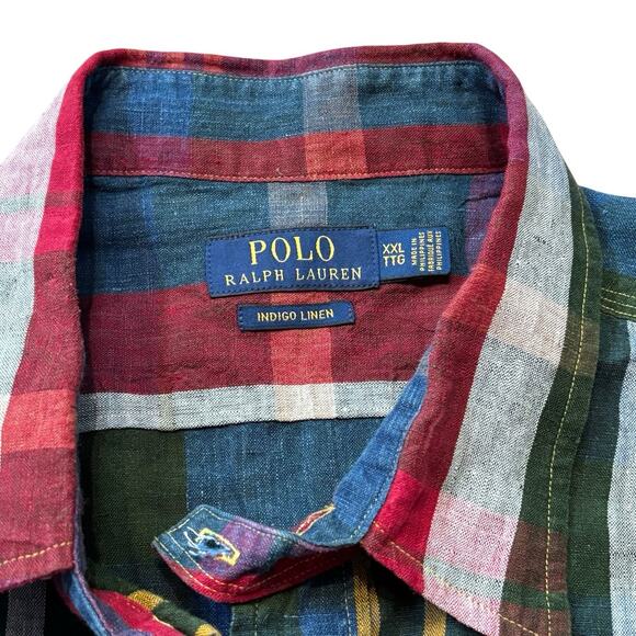 Polo Ralph Lauren Indigo Linen Button Down Men's XXL Red Dark Green Large Plaid* - Picture 5 of 8